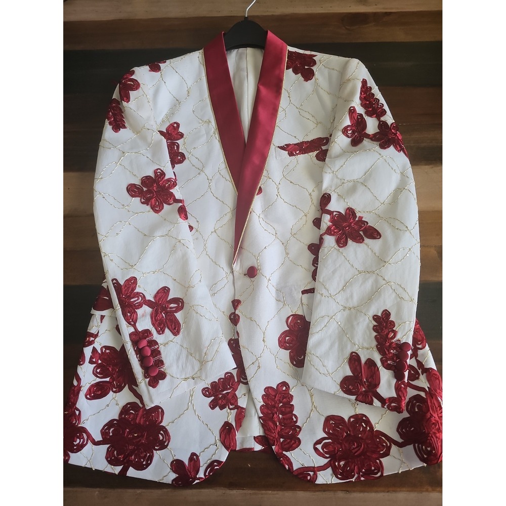 Kent & Park Men's Blazer Size 42 Burgundy Cream Floral Embroidered Dinner Jacket